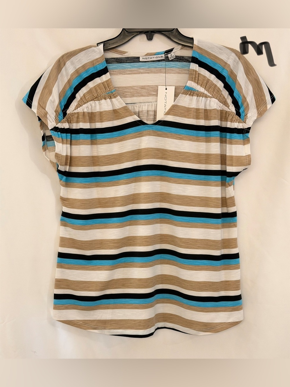 Notations Striped V-Neck Short Sleeve Top in Beige, Blue & Black